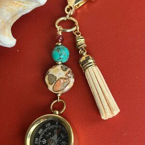 Bag Charm with Working Compass, Gemstones, Tassel, Purse Charm